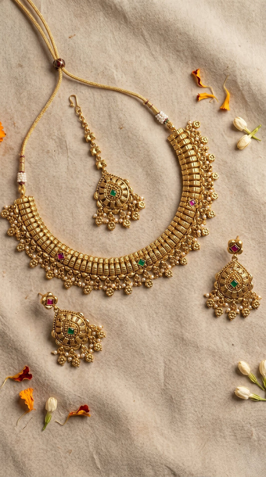 Samiti gold look necklace set with matching earrings for women