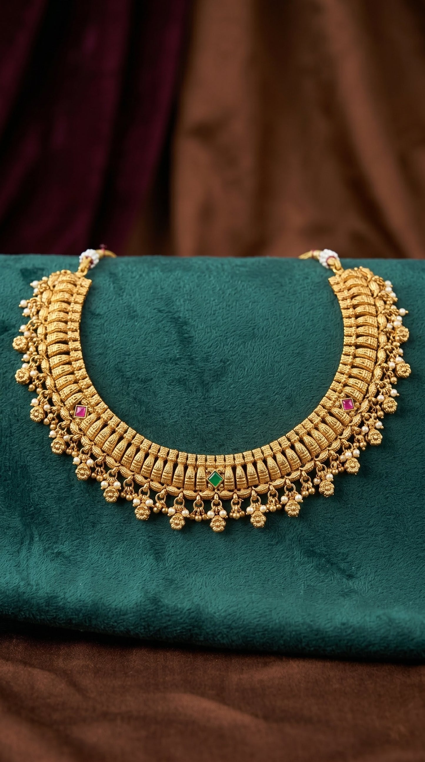 Traditional gold look necklace set for wedding and festive wear laid out