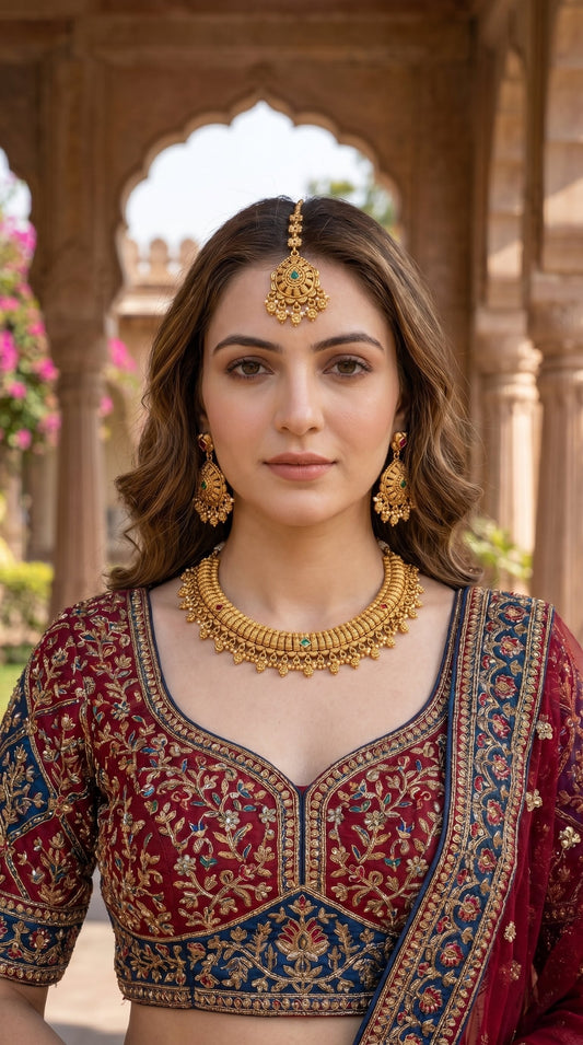 Woman wearing Samiti artificial gold look necklace set with ethnic outfit