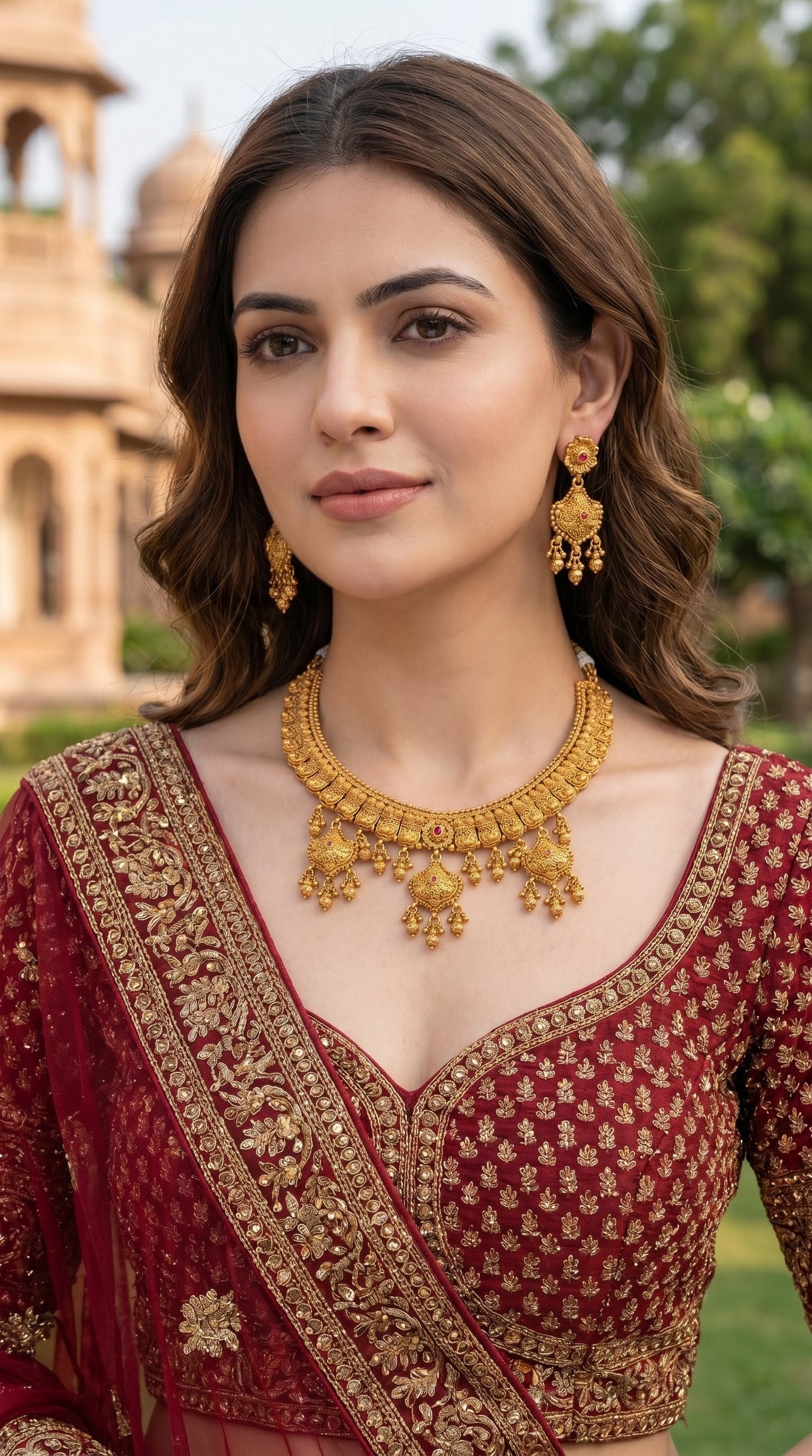 Woman wearing Sayani gold look necklace set with ethnic outfit