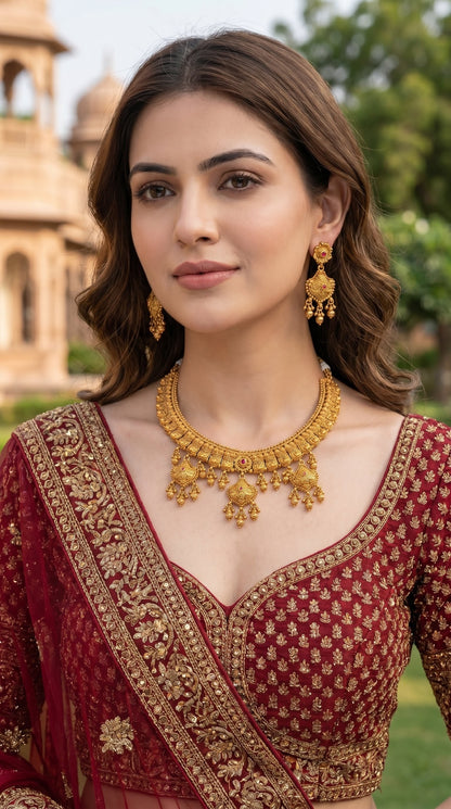Woman wearing Sayani gold look necklace set with ethnic outfit