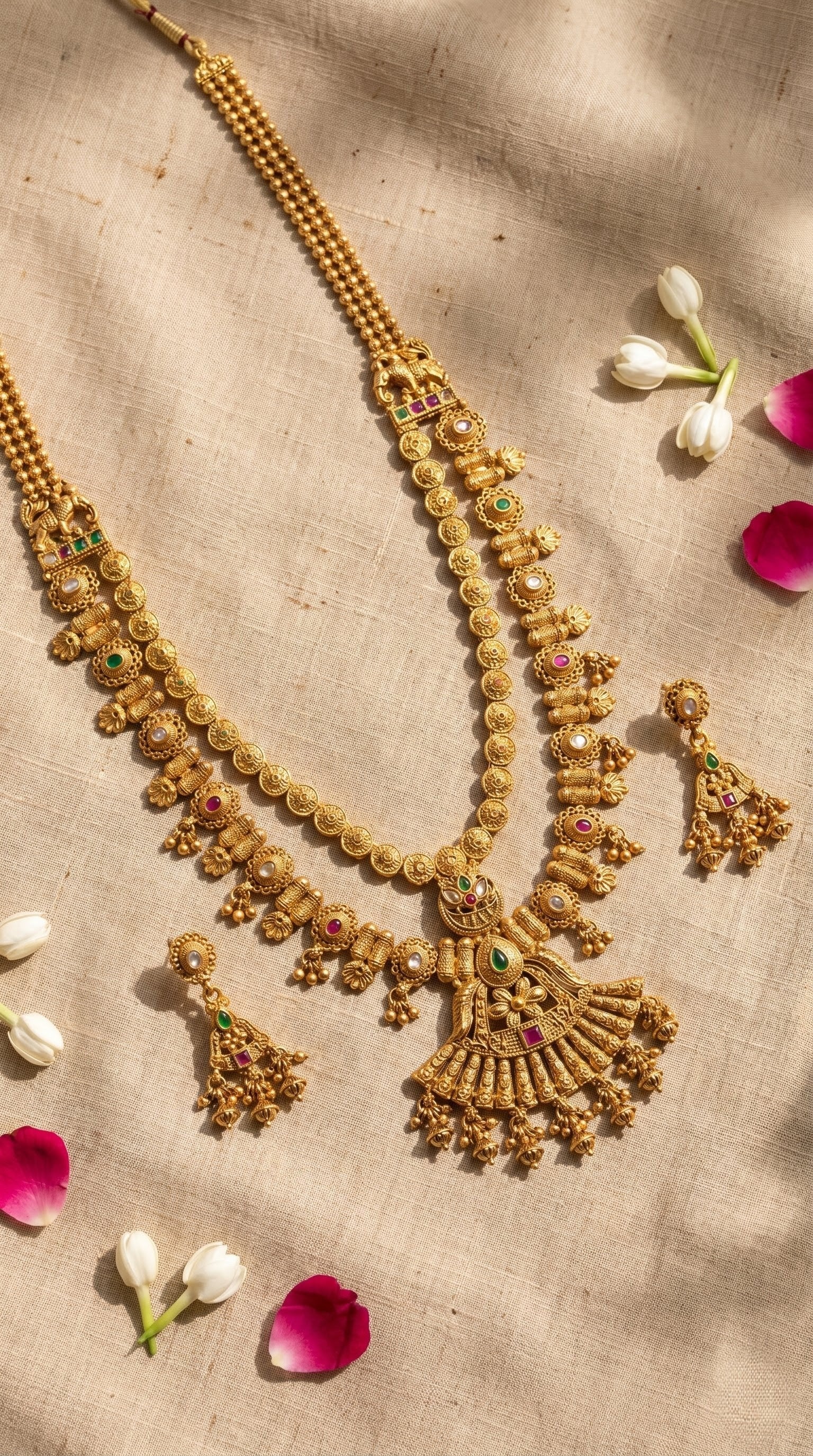 Rajwadi long necklace set in antique gold finish with matching earrings
