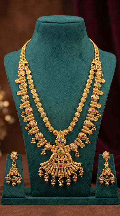 Bridal Rajwadi long necklace set displayed on mannequin