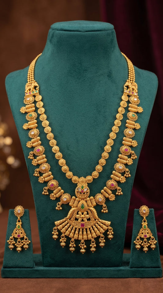 Bridal Rajwadi long necklace set displayed on mannequin