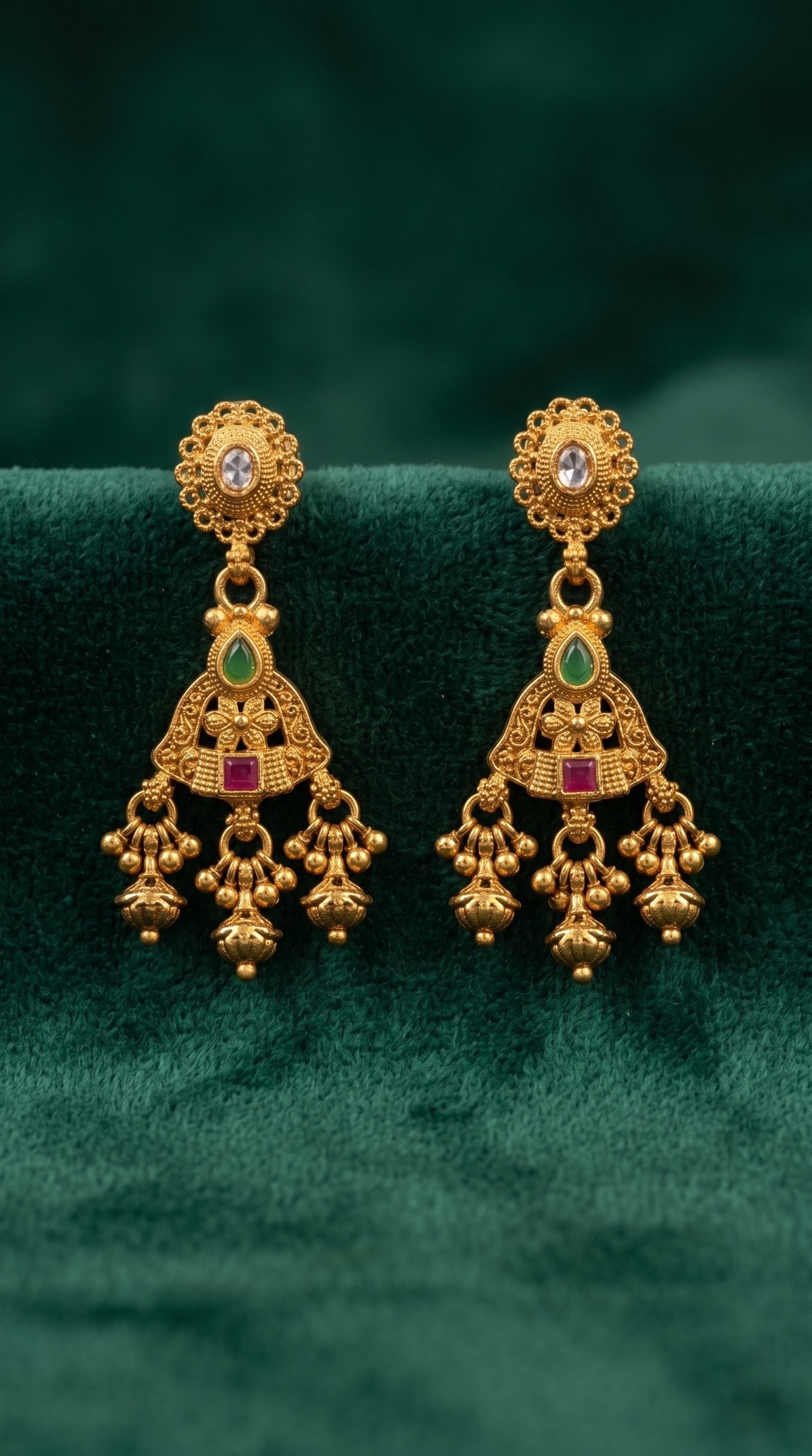 Close-up of antique gold Rajwadi long necklace set earrings