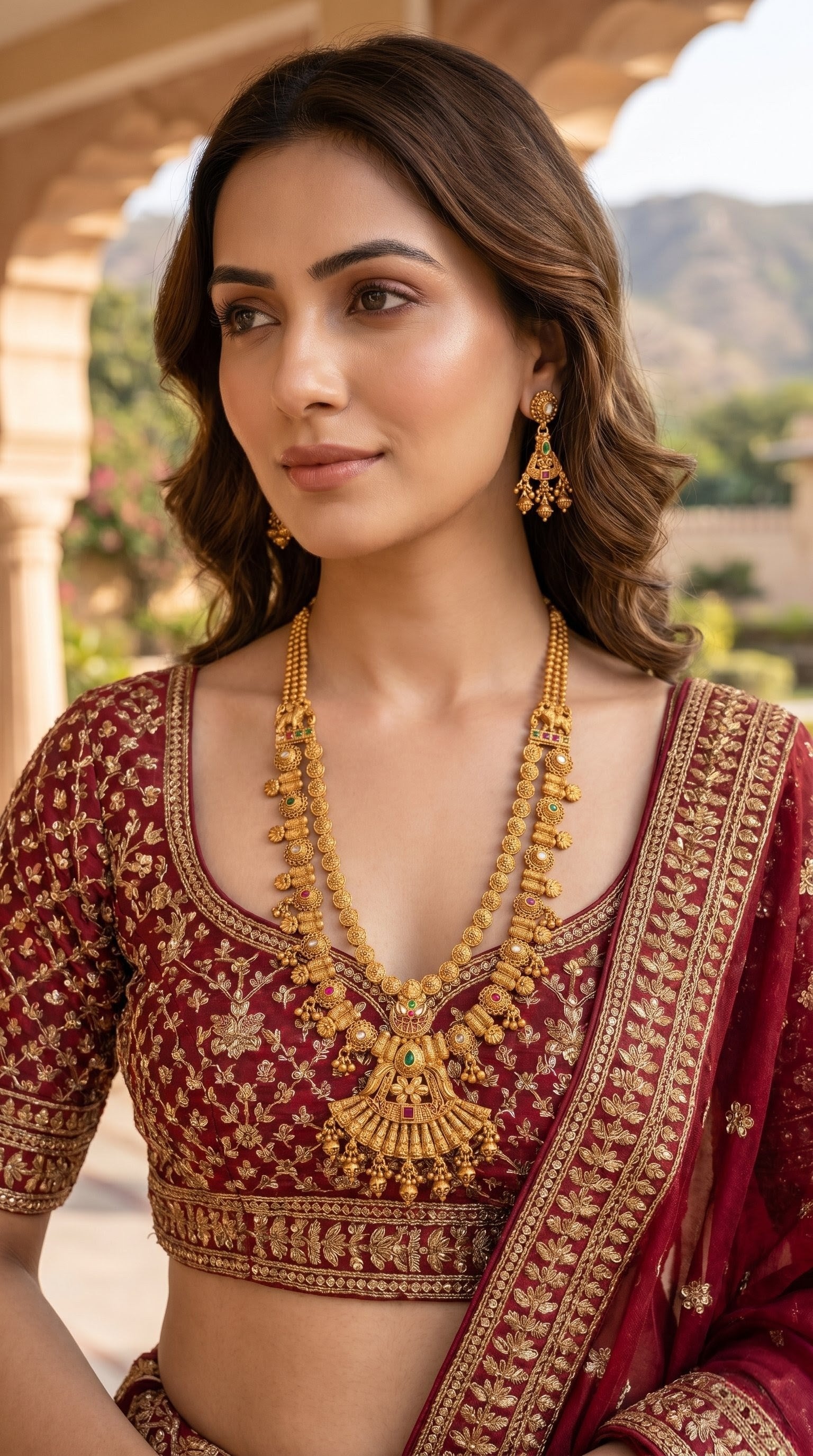 Woman wearing Rajwadi long necklace set for lehenga styling