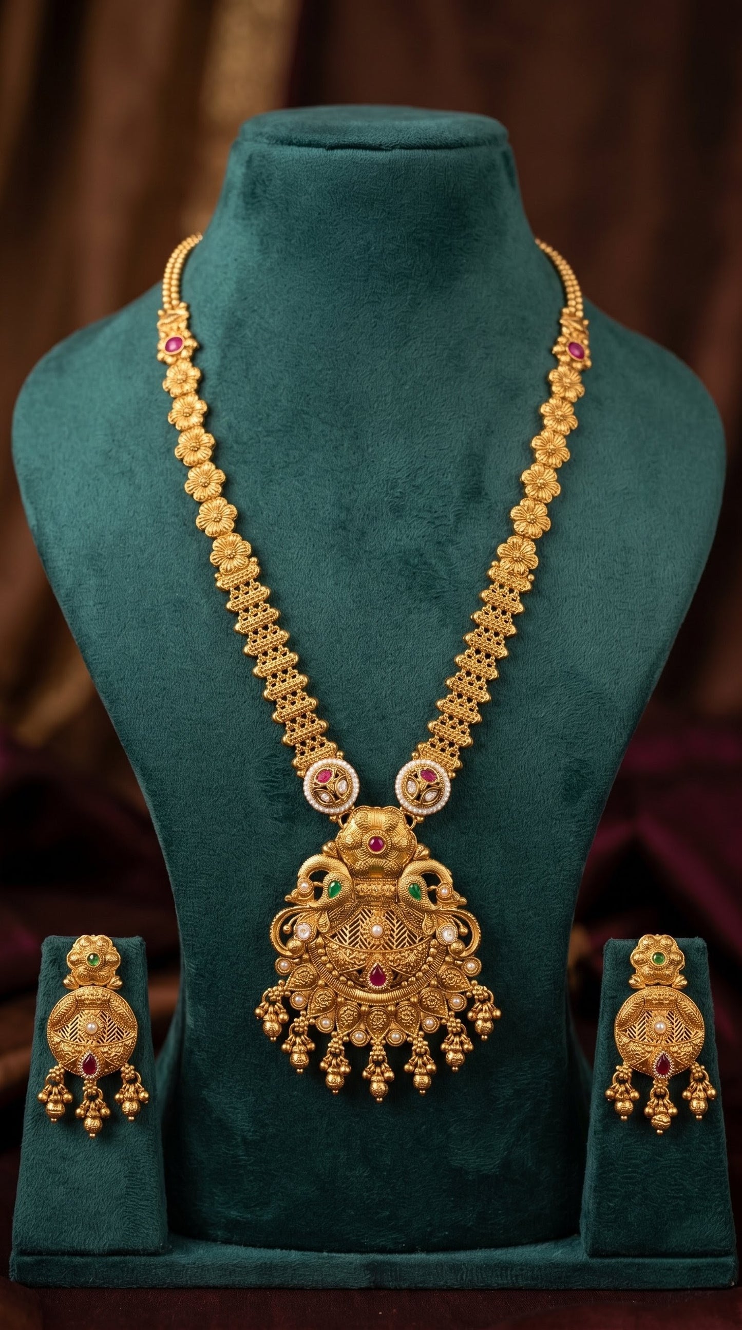 Traditional antique gold Rajwadi long necklace set for bridal wear