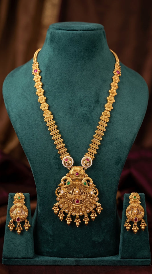 Traditional antique gold Rajwadi long necklace set for bridal wear