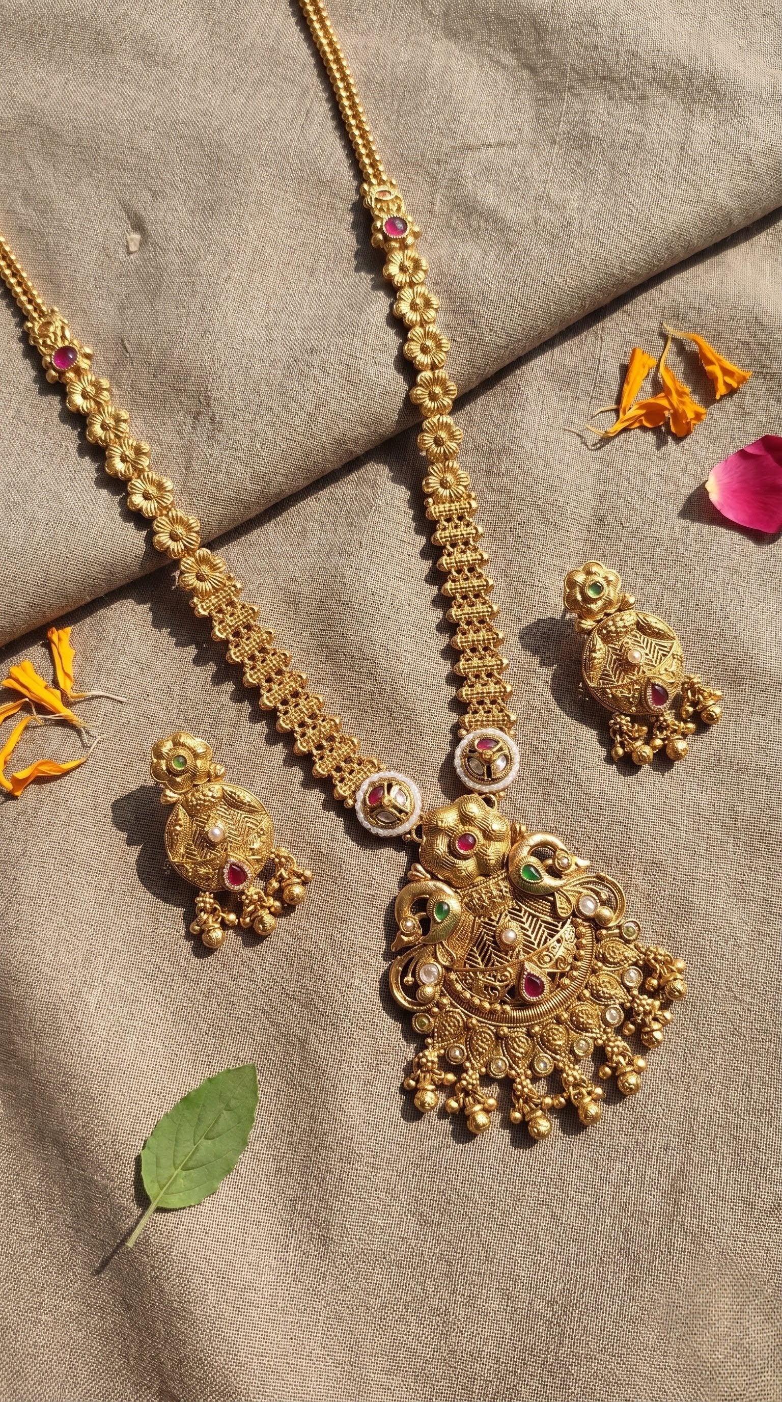 Trishika elegant Rajwadi long necklace set in antique gold finish with matching earrings
