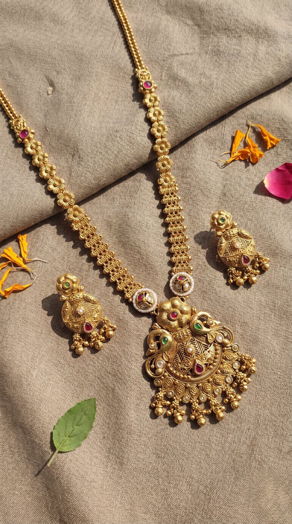 Trishika elegant Rajwadi long necklace set in antique gold finish with matching earrings