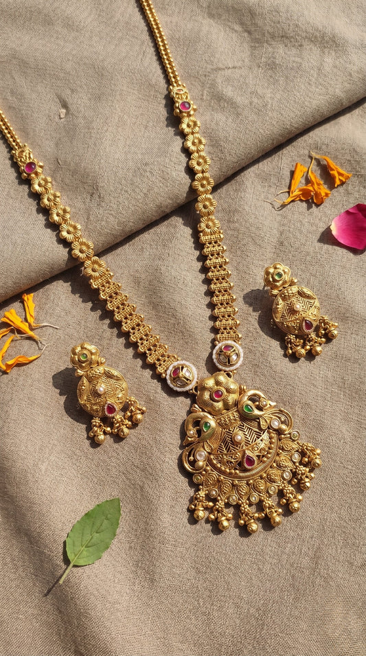 Trishika elegant Rajwadi long necklace set in antique gold finish with matching earrings