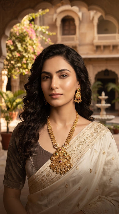 Woman wearing Trishika Rajwadi long necklace set with bridal ethnic outfit