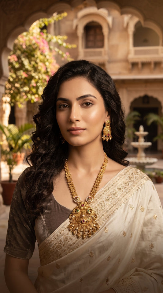 Woman wearing Trishika Rajwadi long necklace set with bridal ethnic outfit
