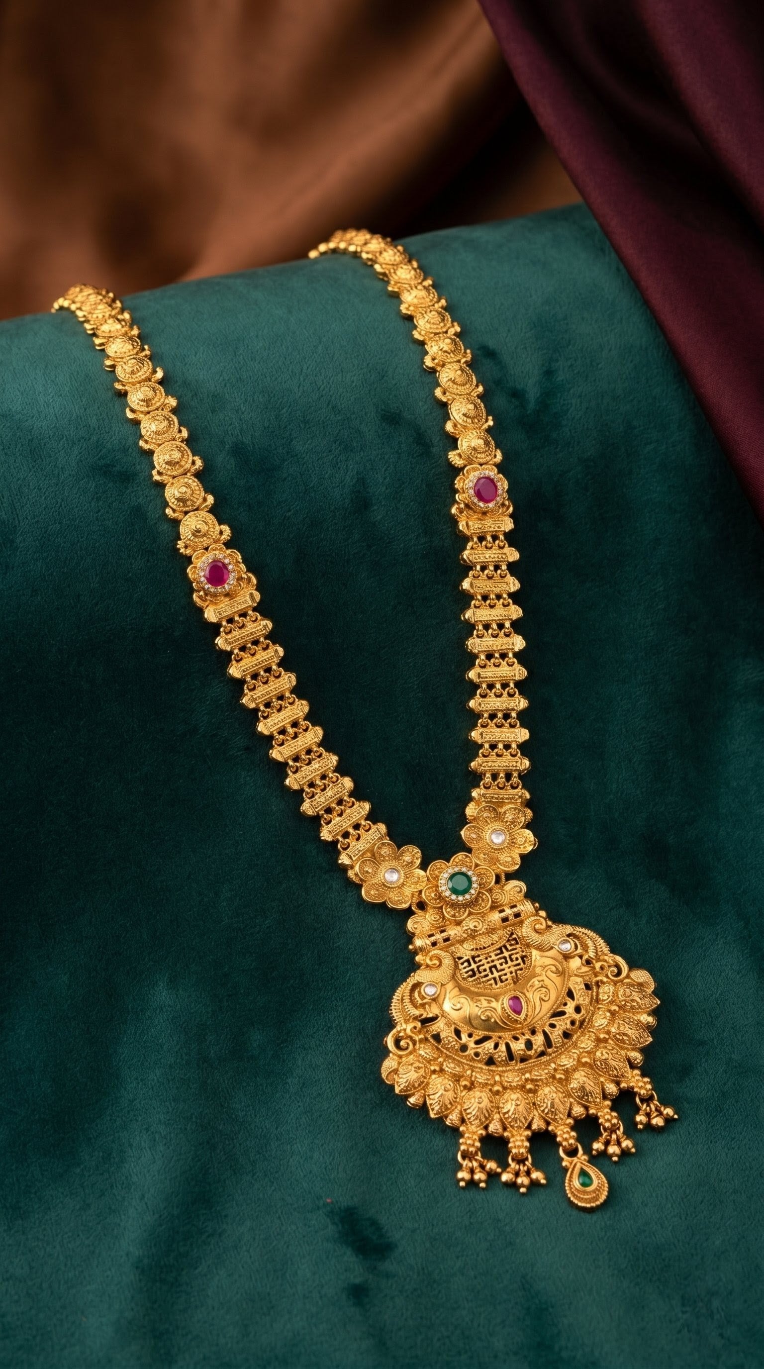 Detailed antique gold Rajwadi long necklace pendant design