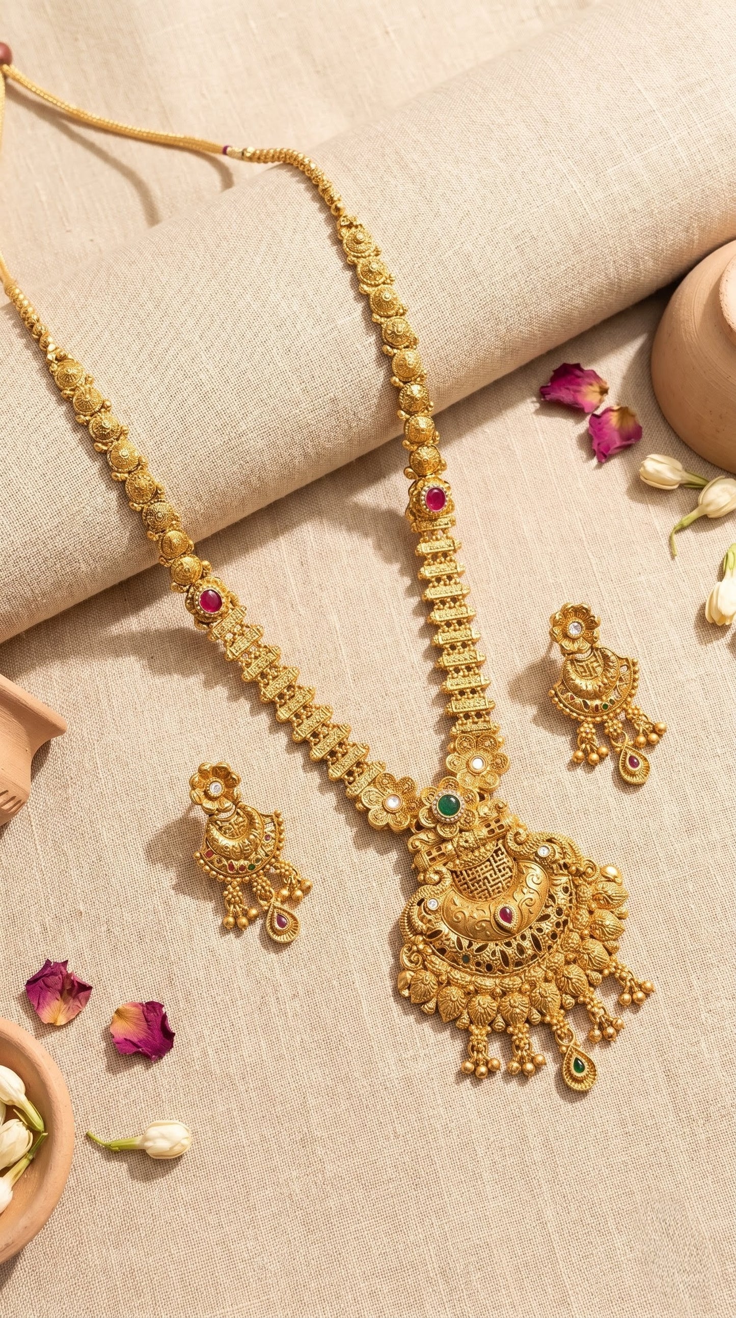 Urvi elegant Rajwadi long necklace set in antique gold finish with matching earrings
