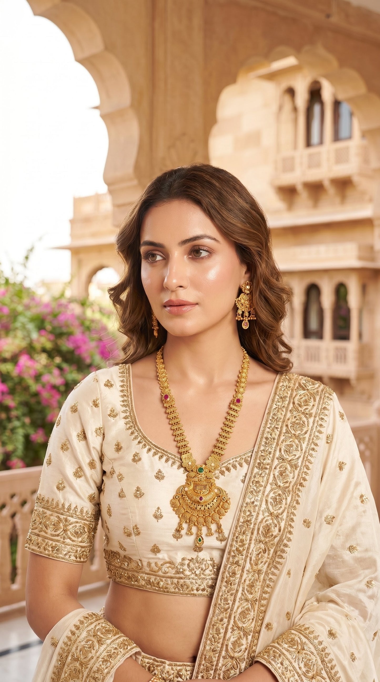 Woman wearing Urvi Rajwadi long necklace set with ethnic bridal outfit