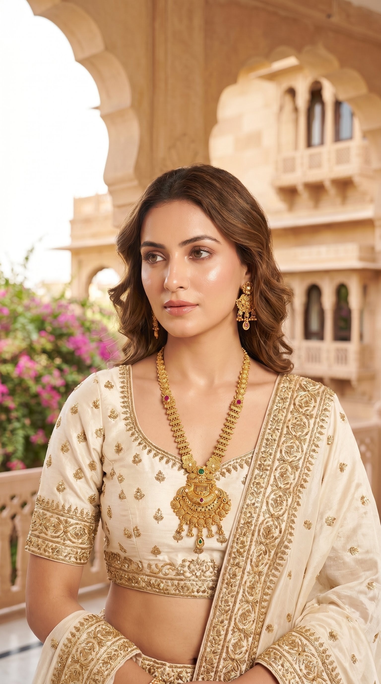 Woman wearing Urvi Rajwadi long necklace set with ethnic bridal outfit