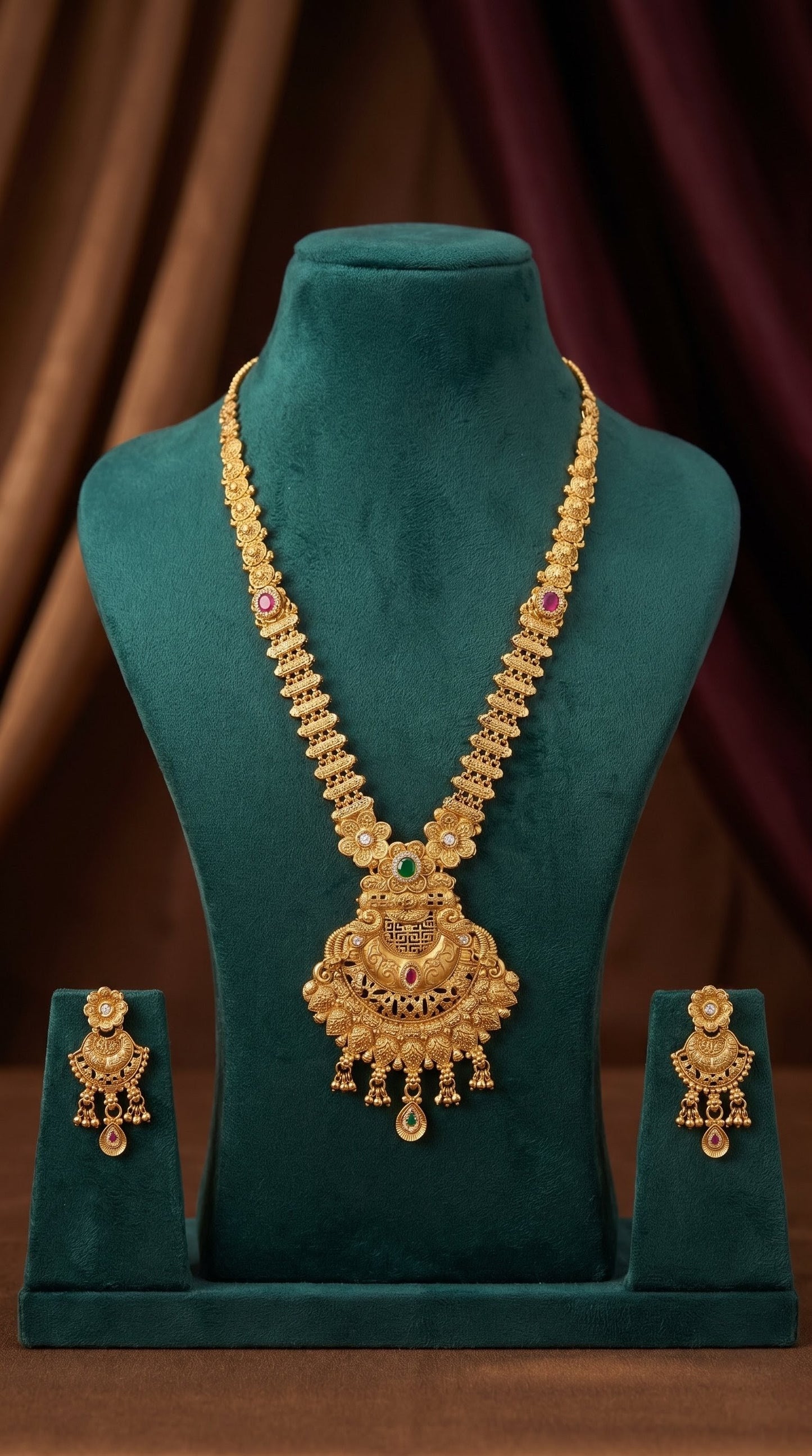 Traditional antique gold Rajwadi long necklace set for bridal and festive wear