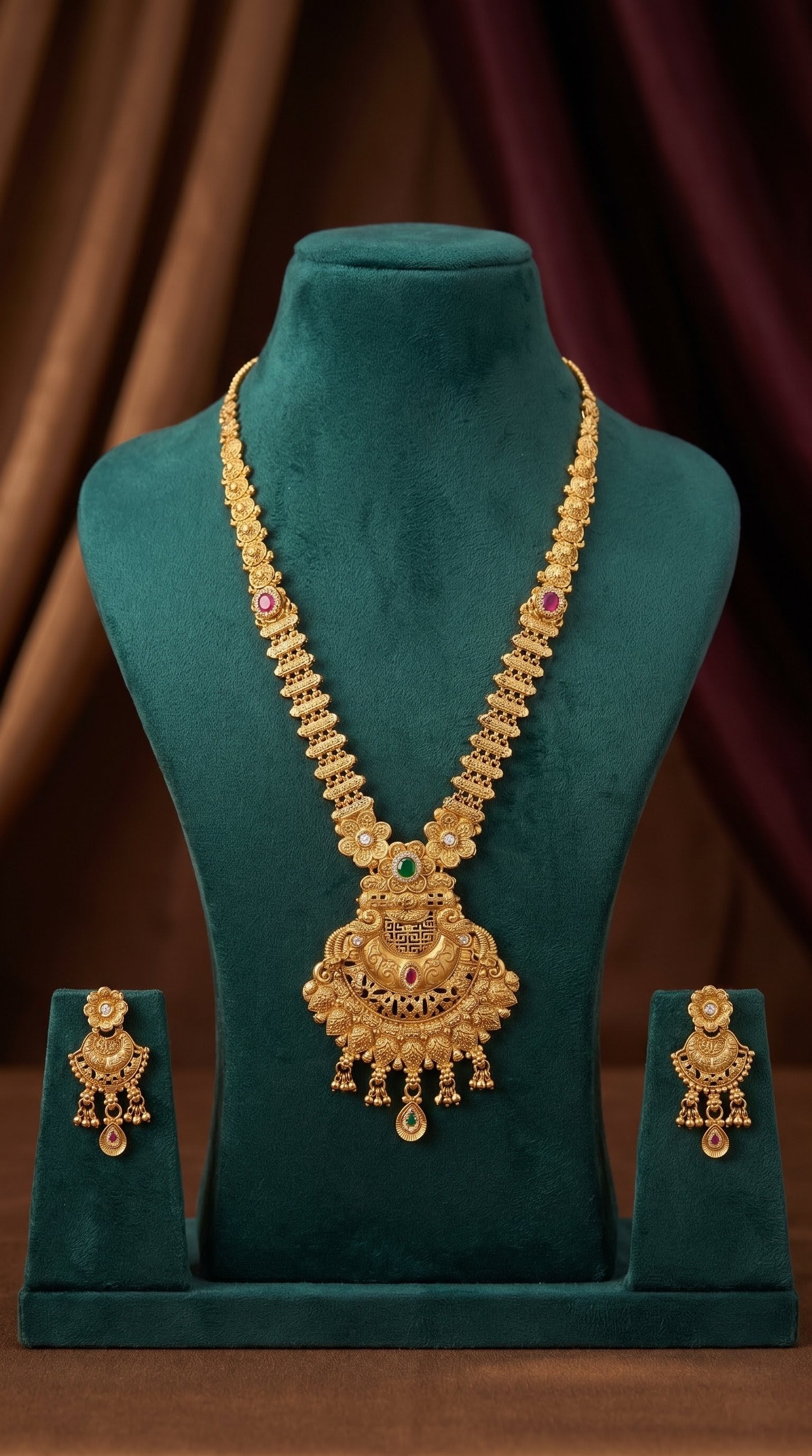 Traditional antique gold Rajwadi long necklace set for bridal and festive wear
